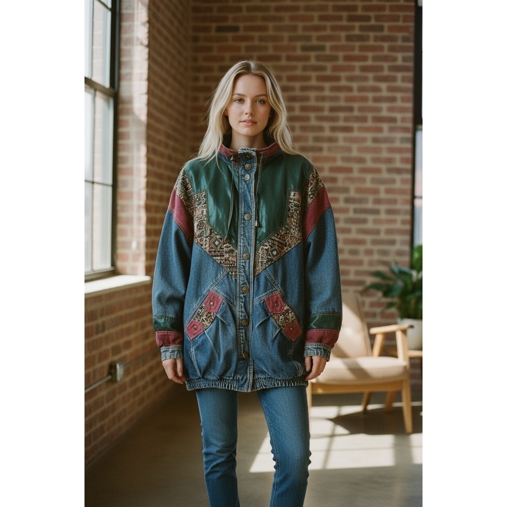 Vintage 90s Y2K Patchwork Denim BomberJacket Boho Aztec Lined tapestry Oversized